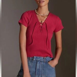 Anthropologie Lace-Up Women’s Ribbed Pink Baby Tee Medium